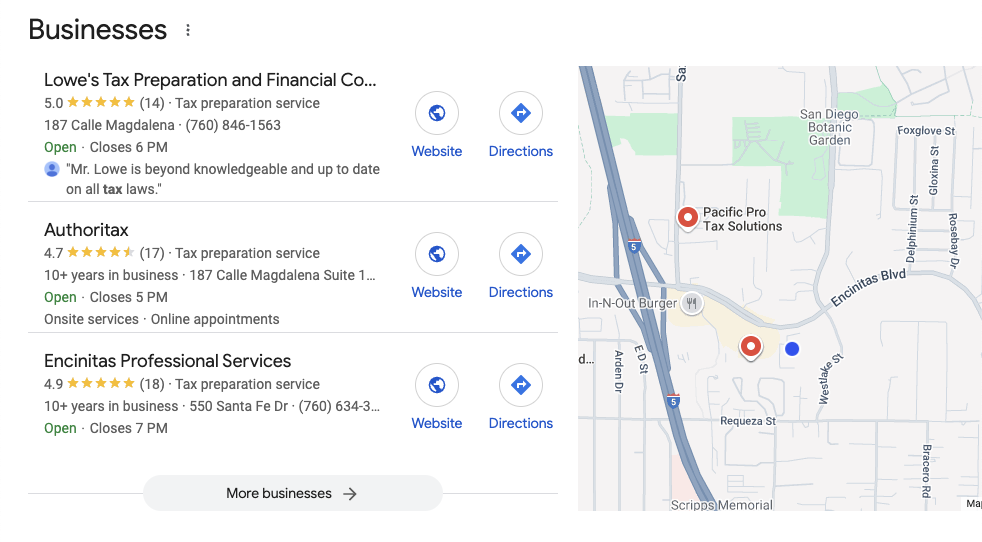 Map showing tax preparation services near San Diego with star ratings and hours, featuring Lowe's Tax Preparation, Authoritax, and Encinitas Professional Services, alongside nearby roads and landmarks.